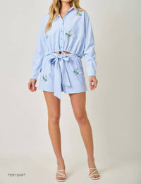 Mystree - Poplin Pinstripe Hummingbird Sequin Shorts
