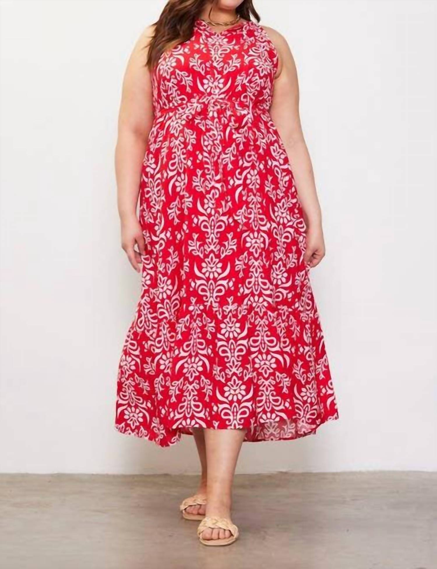 Skies Are Blue - Printed Halter Neck Maxi Trepeze Dress - Plus