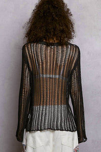 Pol - Round Neck Open-knit Long Sleeve Thin Sweater Top