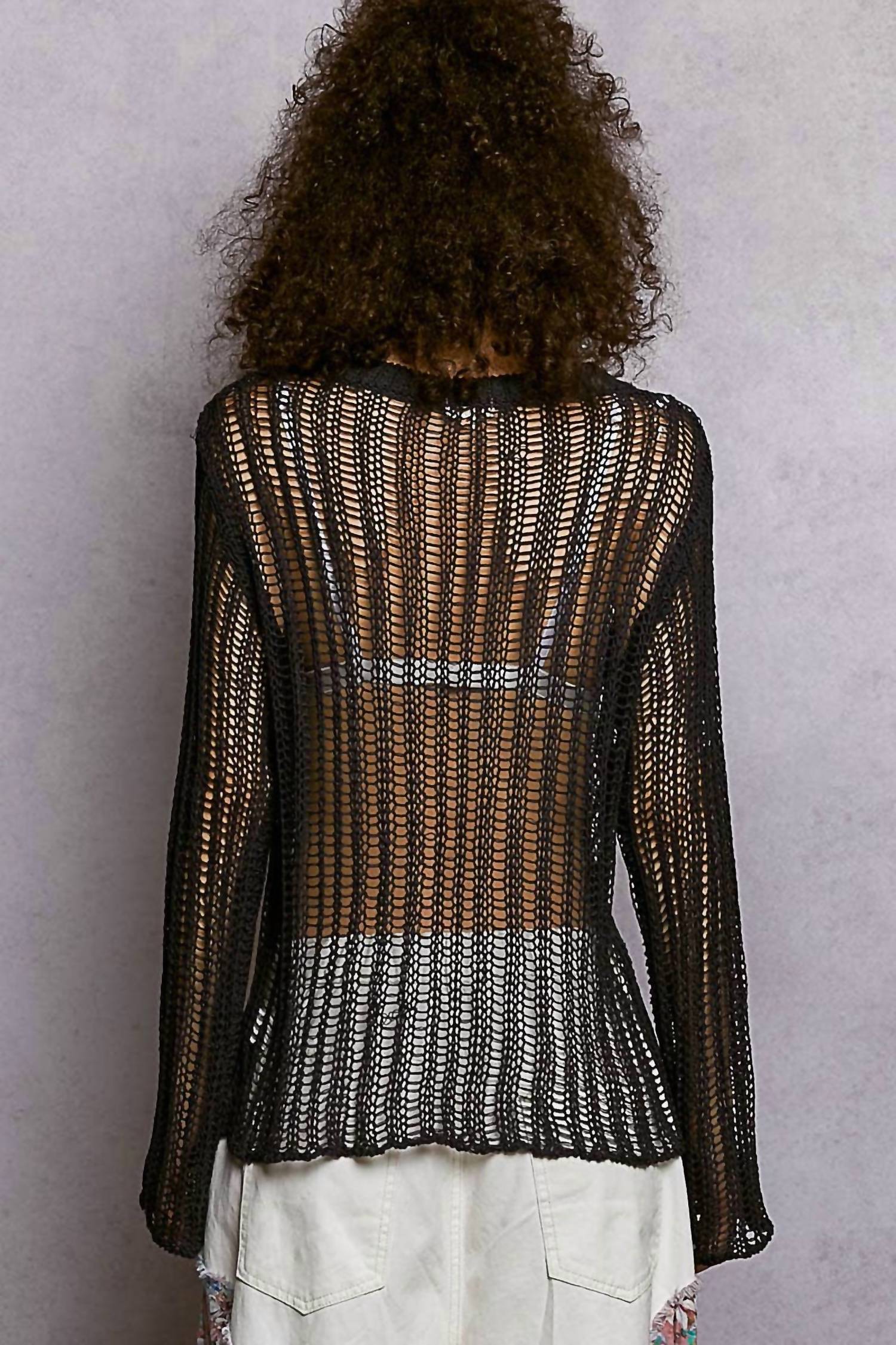 Pol - Round Neck Open-knit Long Sleeve Thin Sweater Top