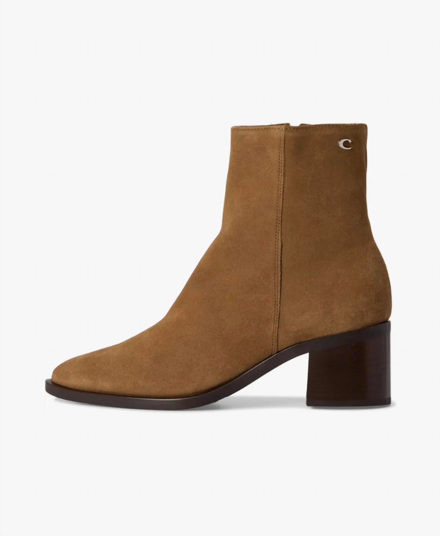 La Canadienne Women's Julieta Stacked Block Heel Boots in toffee suede - women's shoe - detail view