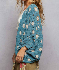POL Floral Crochet Cardigan in teal - women's cardigan - detail view