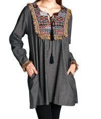 Velzera - Fringe Geometric Chambray Mini Dress
