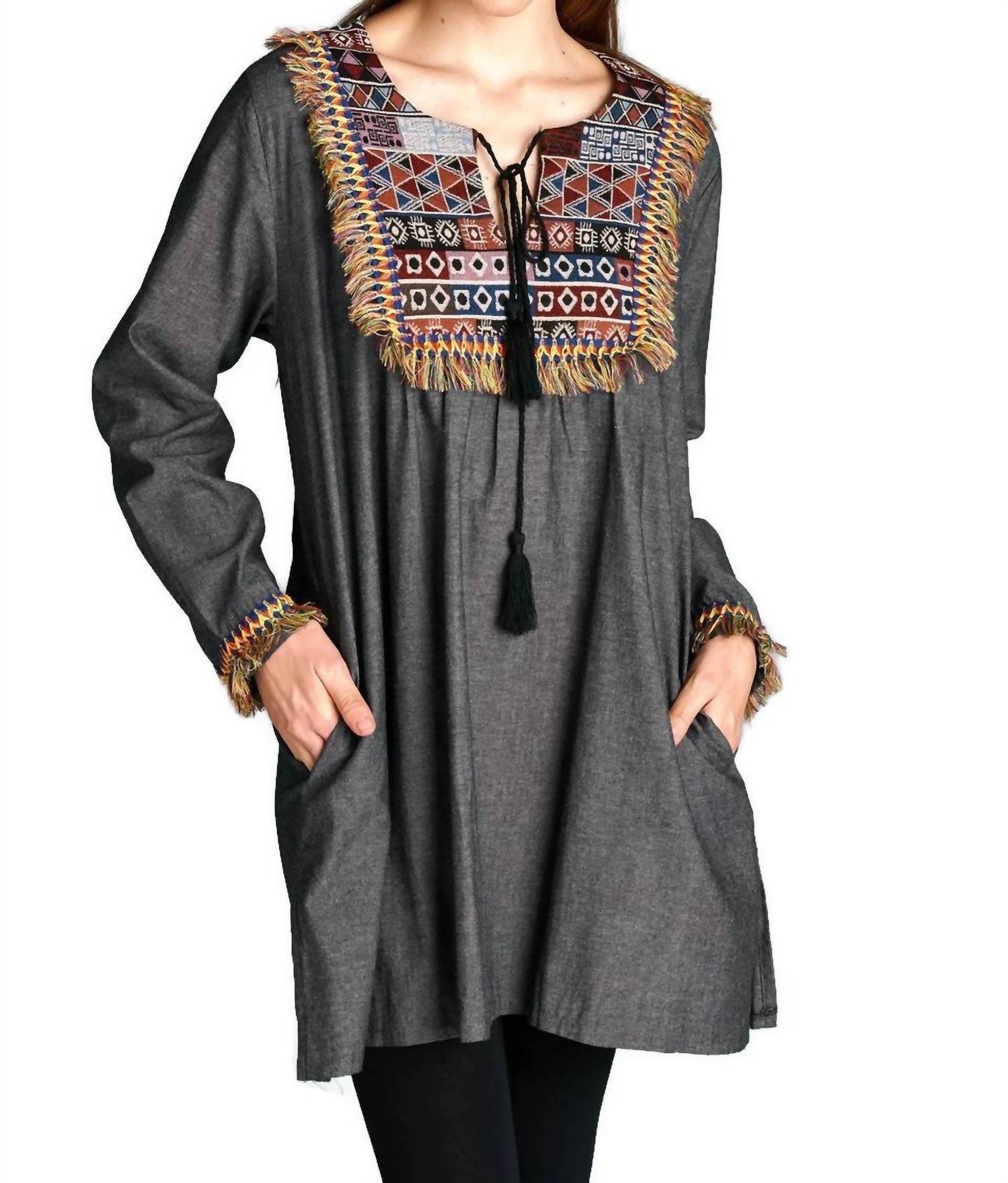 Velzera - Fringe Geometric Chambray Mini Dress