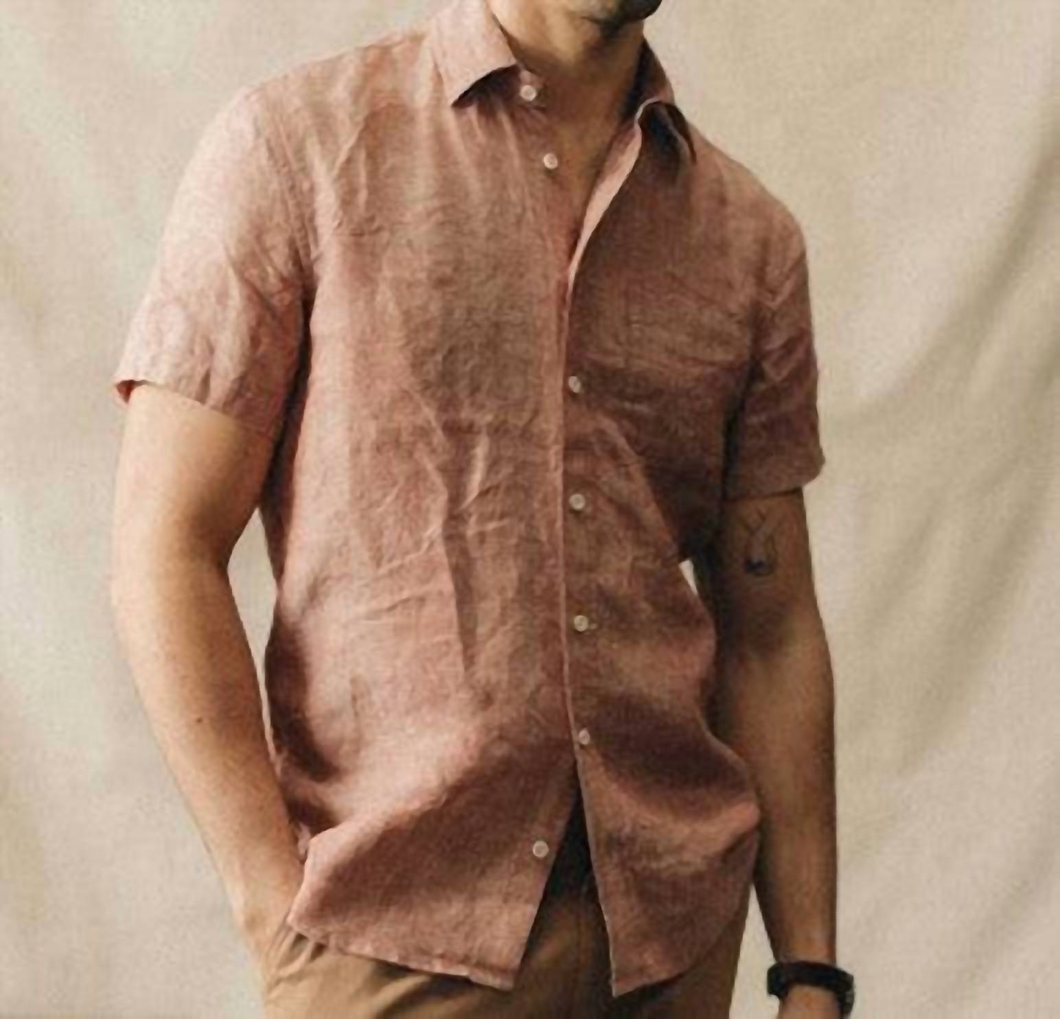 Taylor Stitch Short Sleeve California Shirt in fired clay hemp - men's t-shirt - detail view