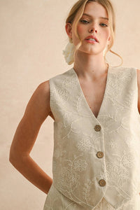 Miou Muse - Lovely In Linen Floral Embroidered Vest