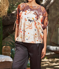 PAPARAZZI Border Print Top With Keyhole Sleeves in peach - women's blouse - detail view