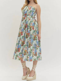 Entro - Floral Strapless Pleated Midi Dress