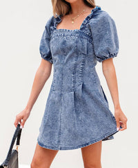 Threaded Pear - Celia Square Neck Bustier Puff Sleeve Short Denim Dress