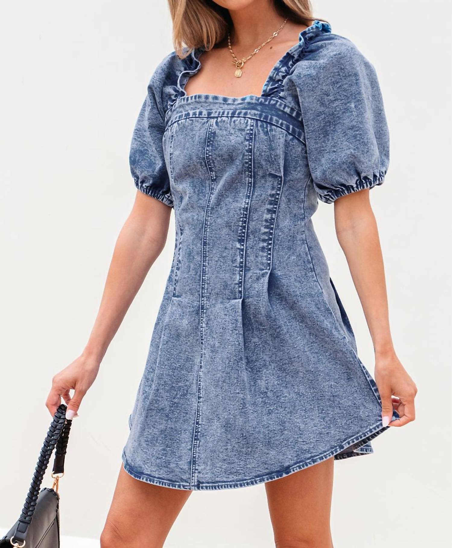 Threaded Pear - Celia Square Neck Bustier Puff Sleeve Short Denim Dress