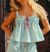Bucketlist - Self Tie Front Seersucker Gingham Print Tank Top & Pants