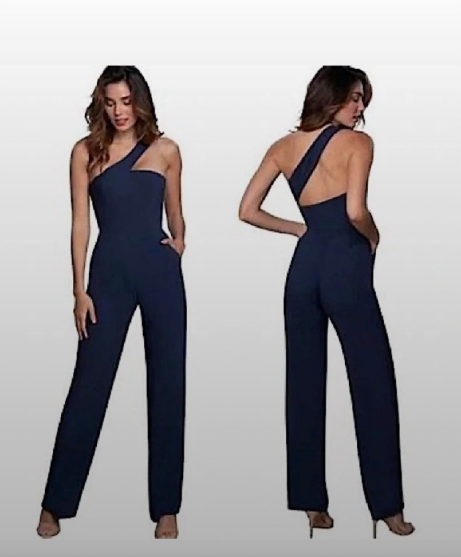 Dress The Population - One Shoulder Pockets Jumpsuit