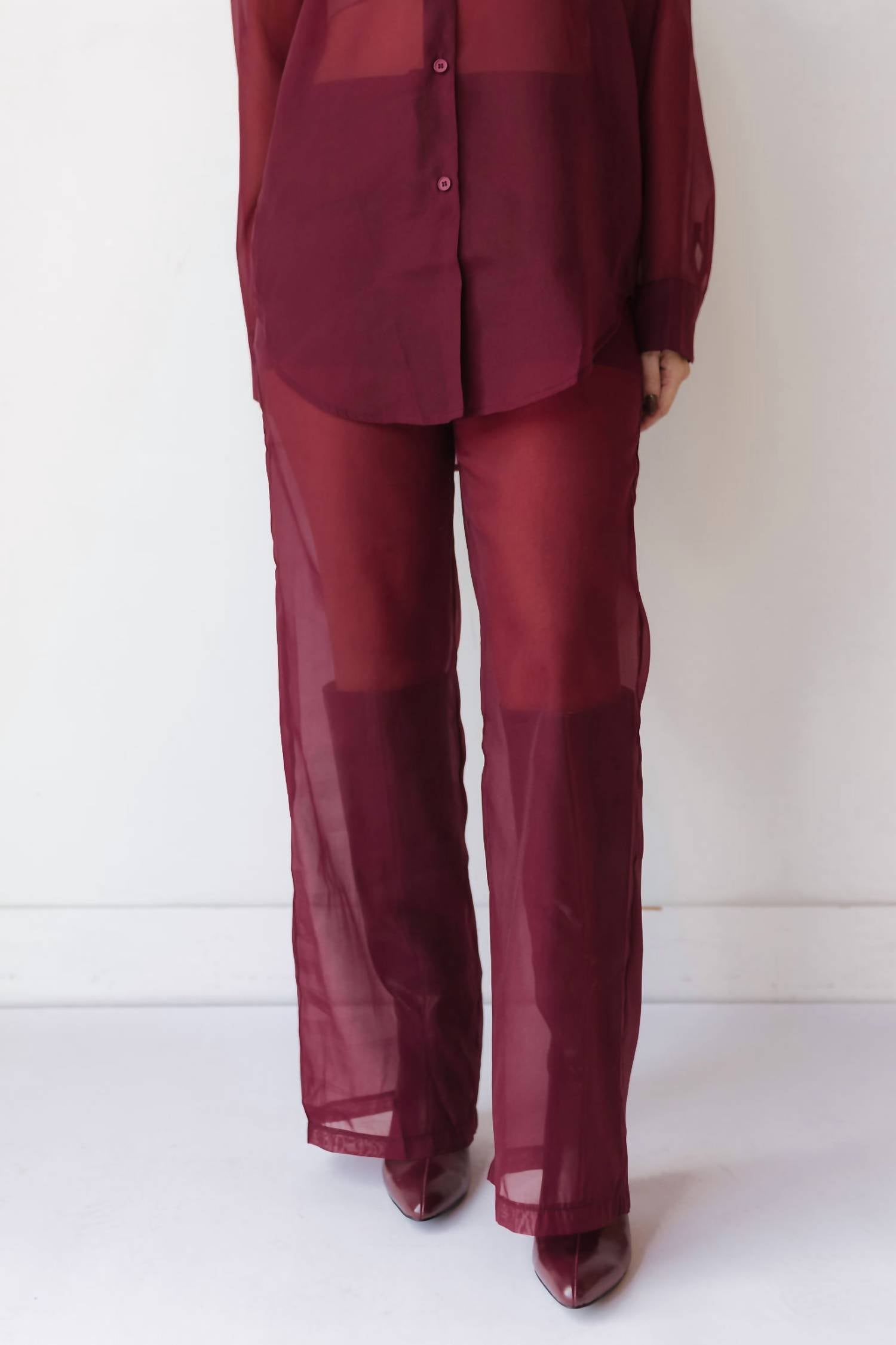 Mimosa Sheer Elegance Pants in burgundy wine - women's pants - detail view