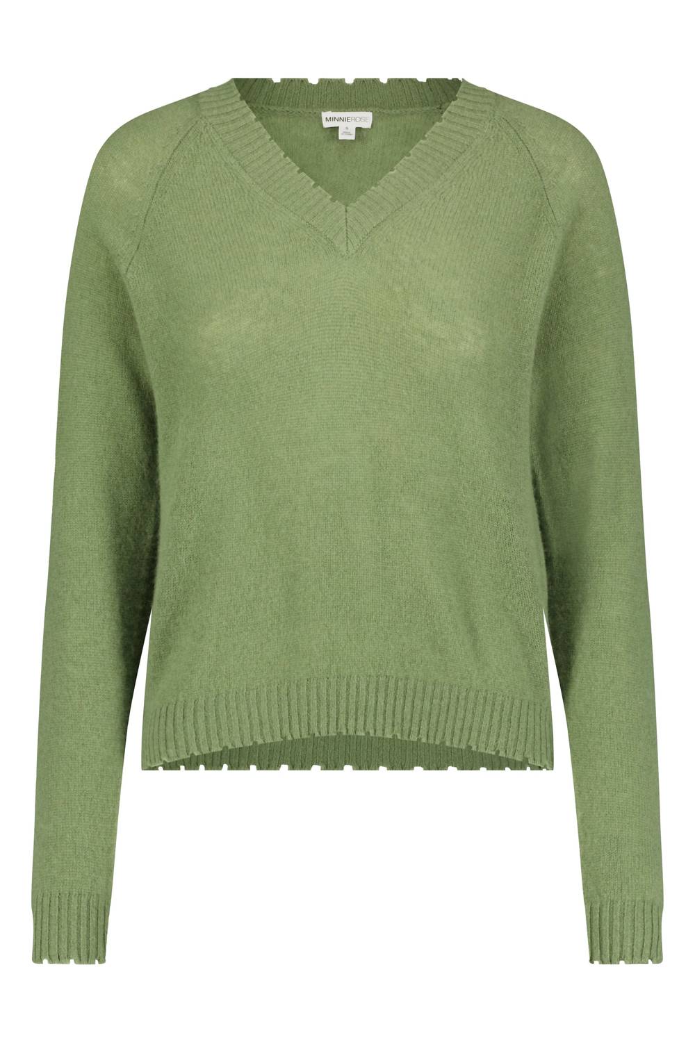 Minnie Rose - Cashmere Frayed Edge Cropped V-neck Sweater