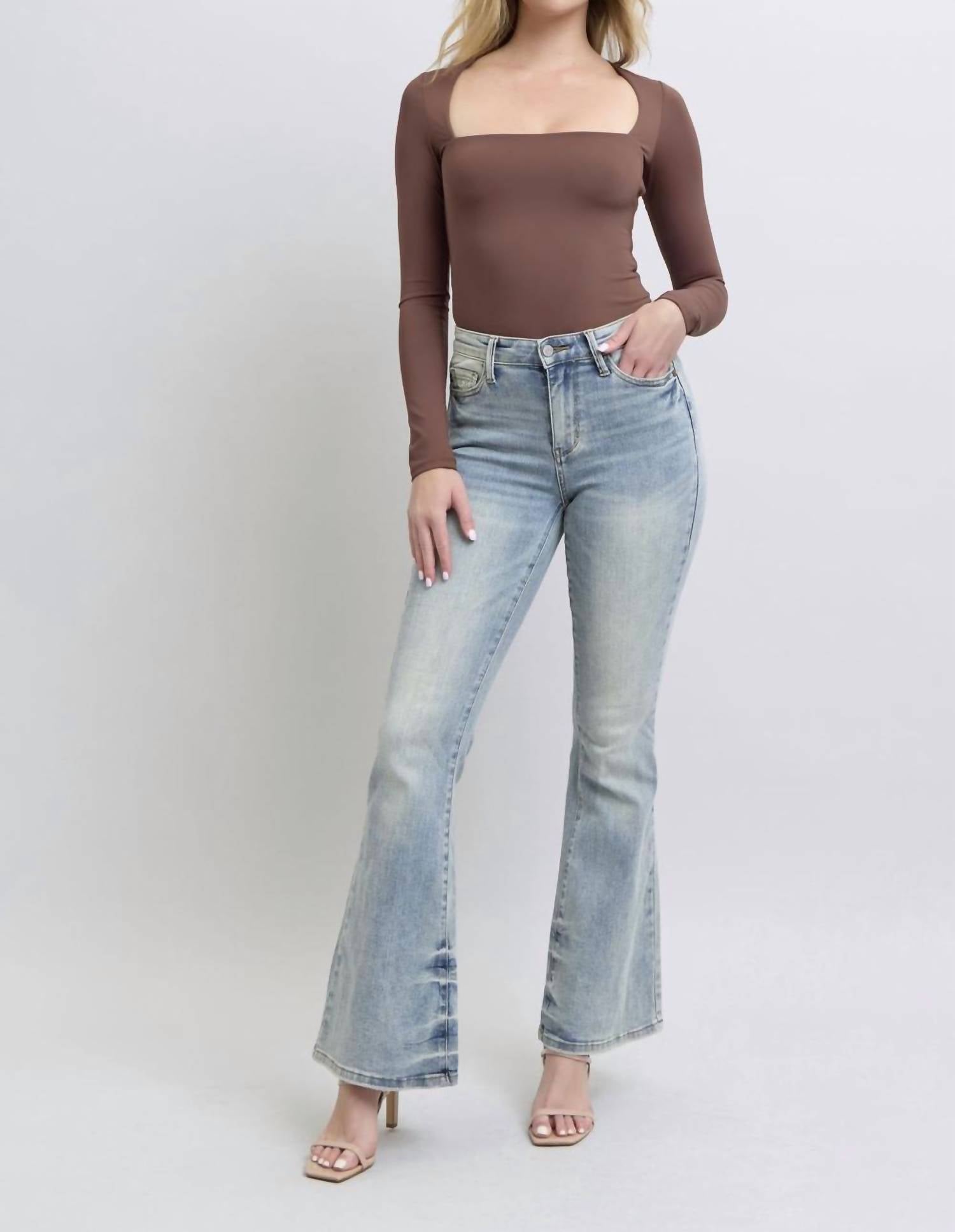 Judy Blue - Mid Rise Tinted Pin Tack Detail Flare Jeans