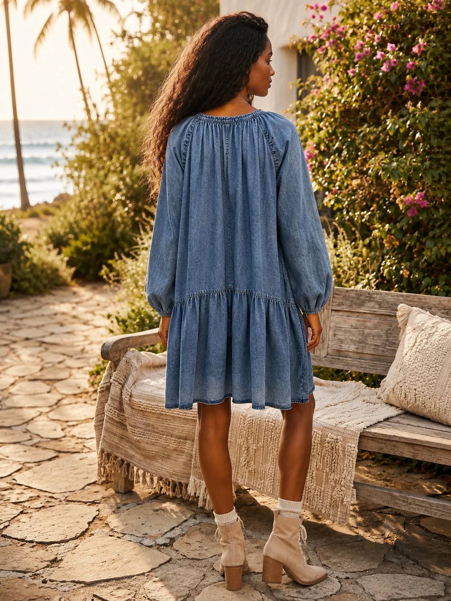 Surelymine - Chambray Tiered Babydoll Dress
