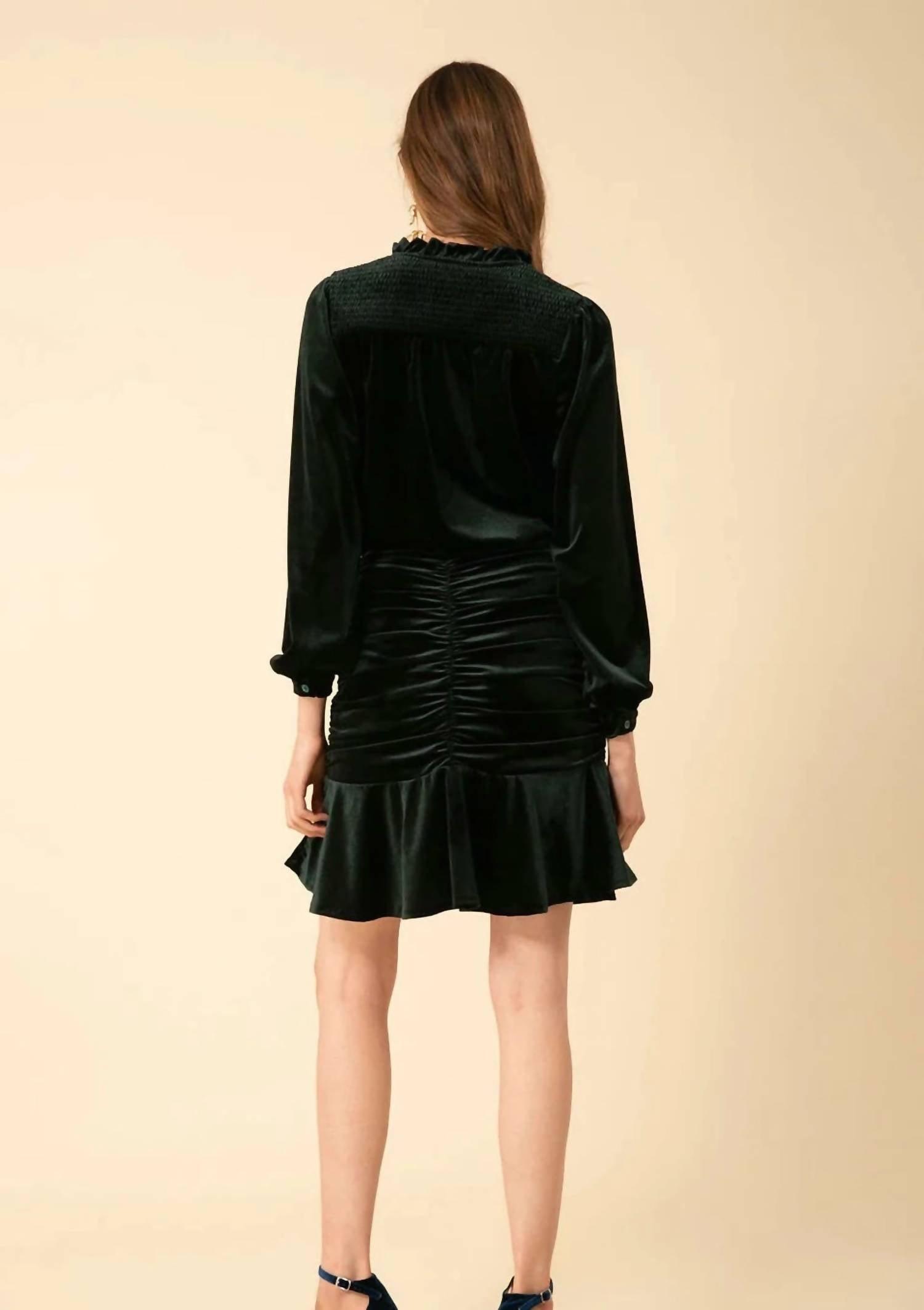HALE BOB Manon Shirred Velvet Mini Dress in green - women's dress - detail view