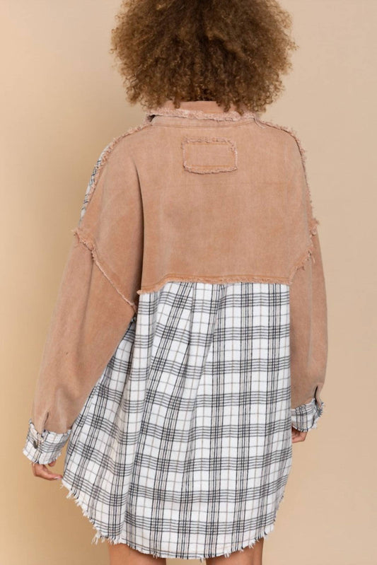 Pol - Oversized Distressed Edge Detail Plaid Shacket