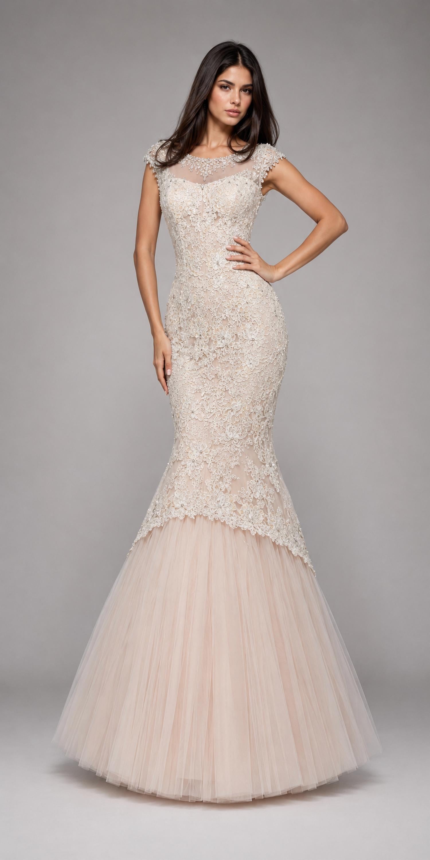 Sherri Hill - Formal Beaded Cap Sleeve Lace Mermaid Gown