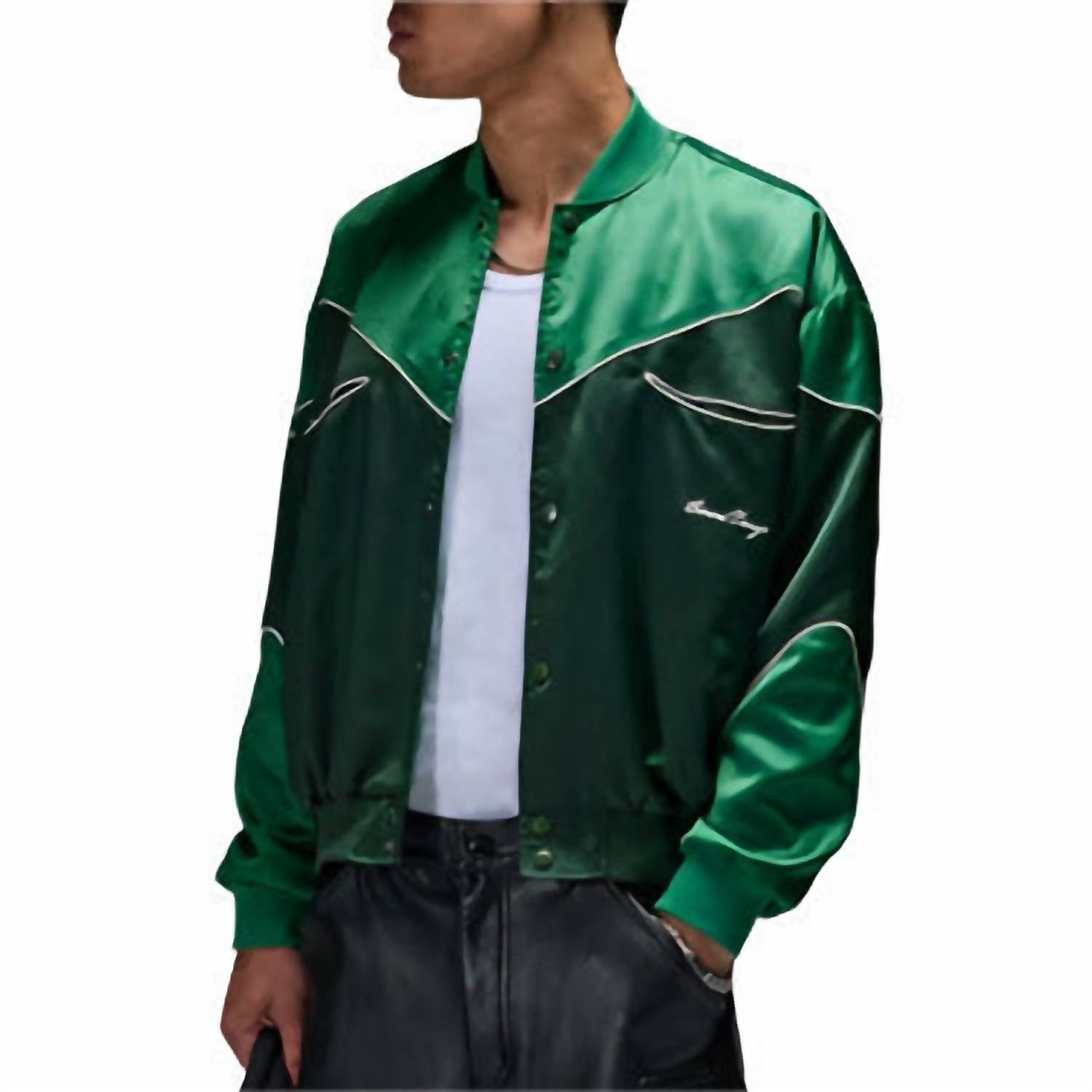 Criminal Damage Western Satin Bomber Jacket in emerald - men's jacket - detail view