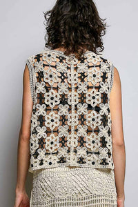 Pol - Decorative Touch Button V-neck Floral Crochet Vest