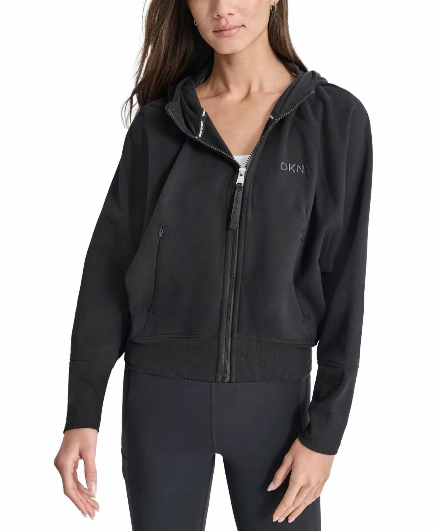 Dkny - Embroidered-logo Cropped Zip-front Fleece Hoodie