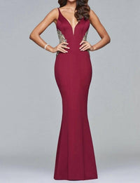 FAVIANA Long Fitted Neoprene Dress With Beading At Side Waist And Open Back in wine - women's dress