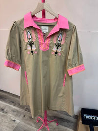Umgee - Embroidered Contrast Trim Tunic Mini Dress