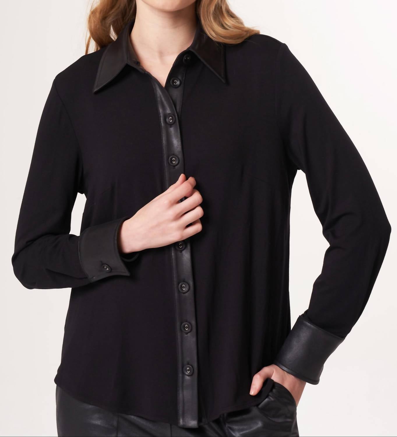 Angel Apparel Vegan Leather Trim Shirt in black - women's shirt - alternate view