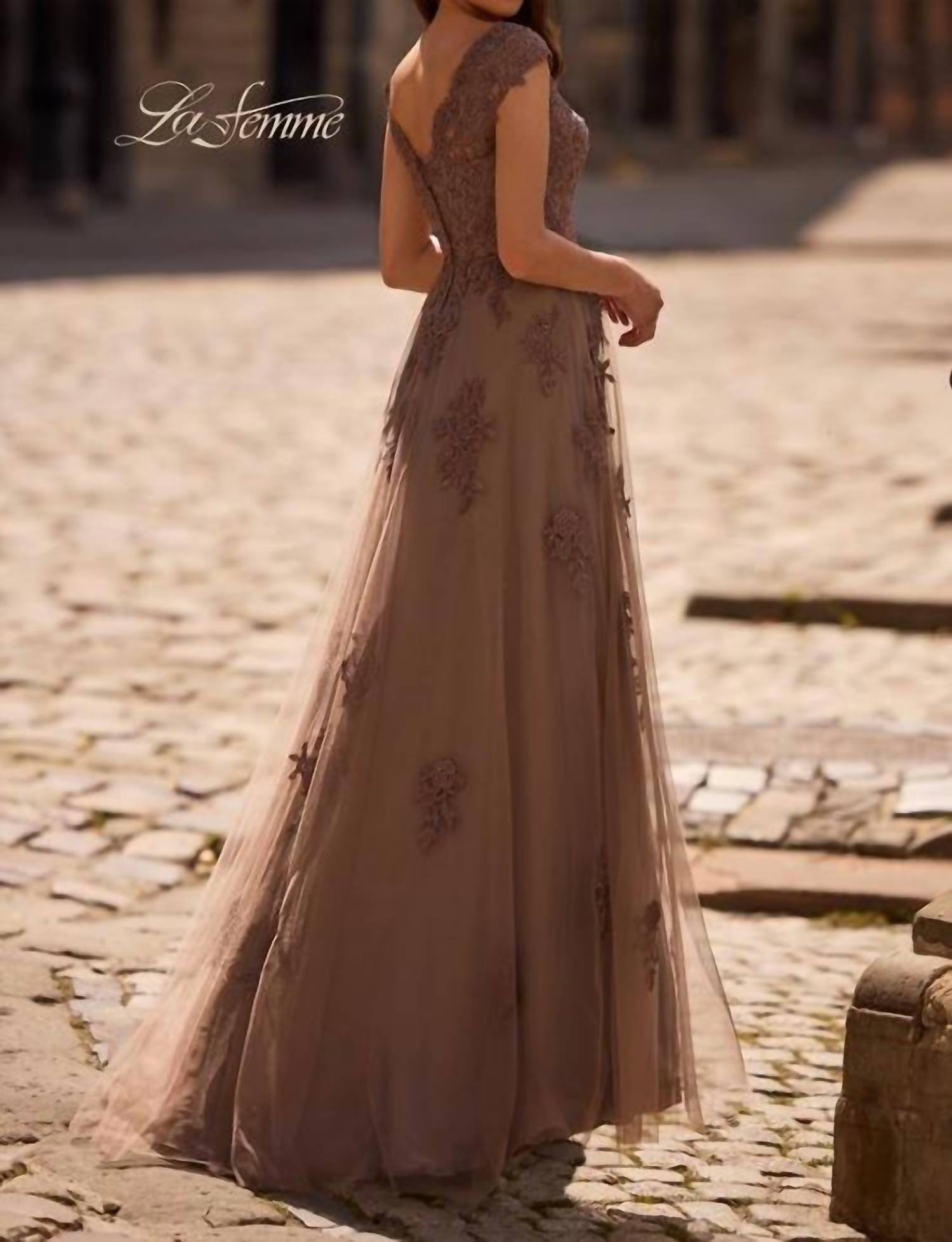 La Femme - Short Sleeve Lace Gown