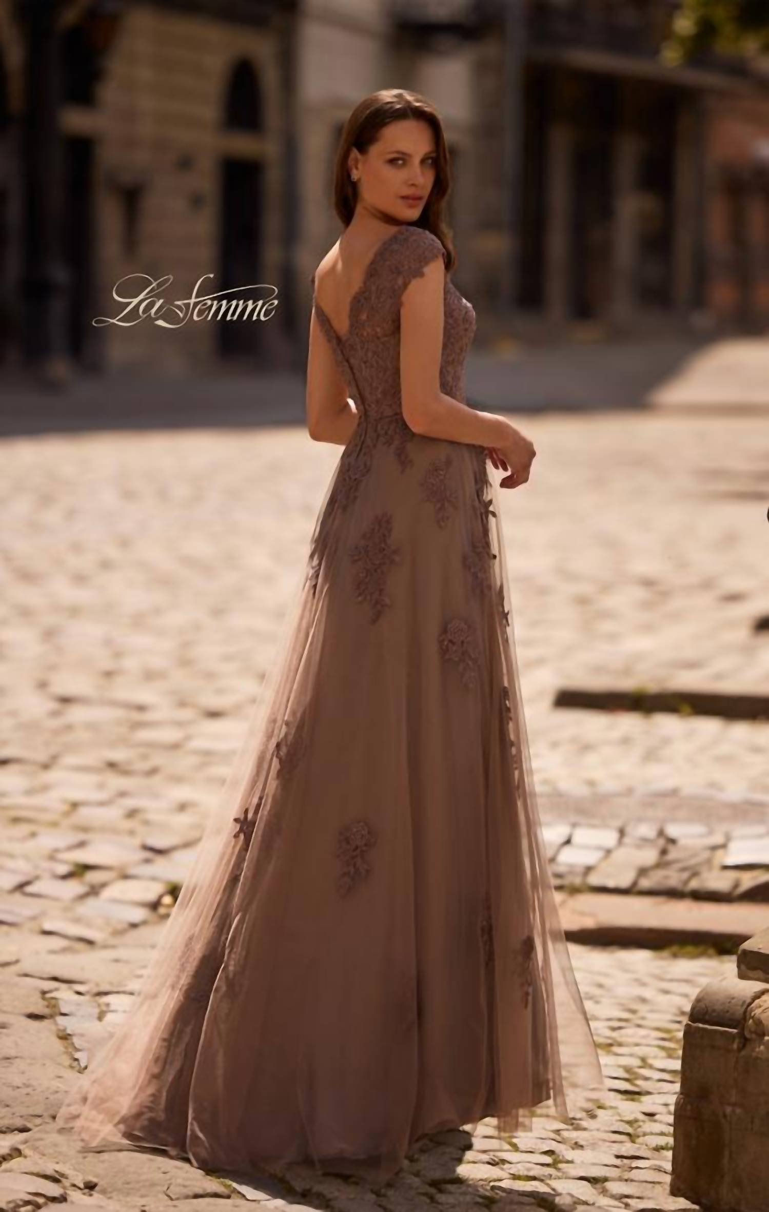 La Femme - Short Sleeve Lace Gown