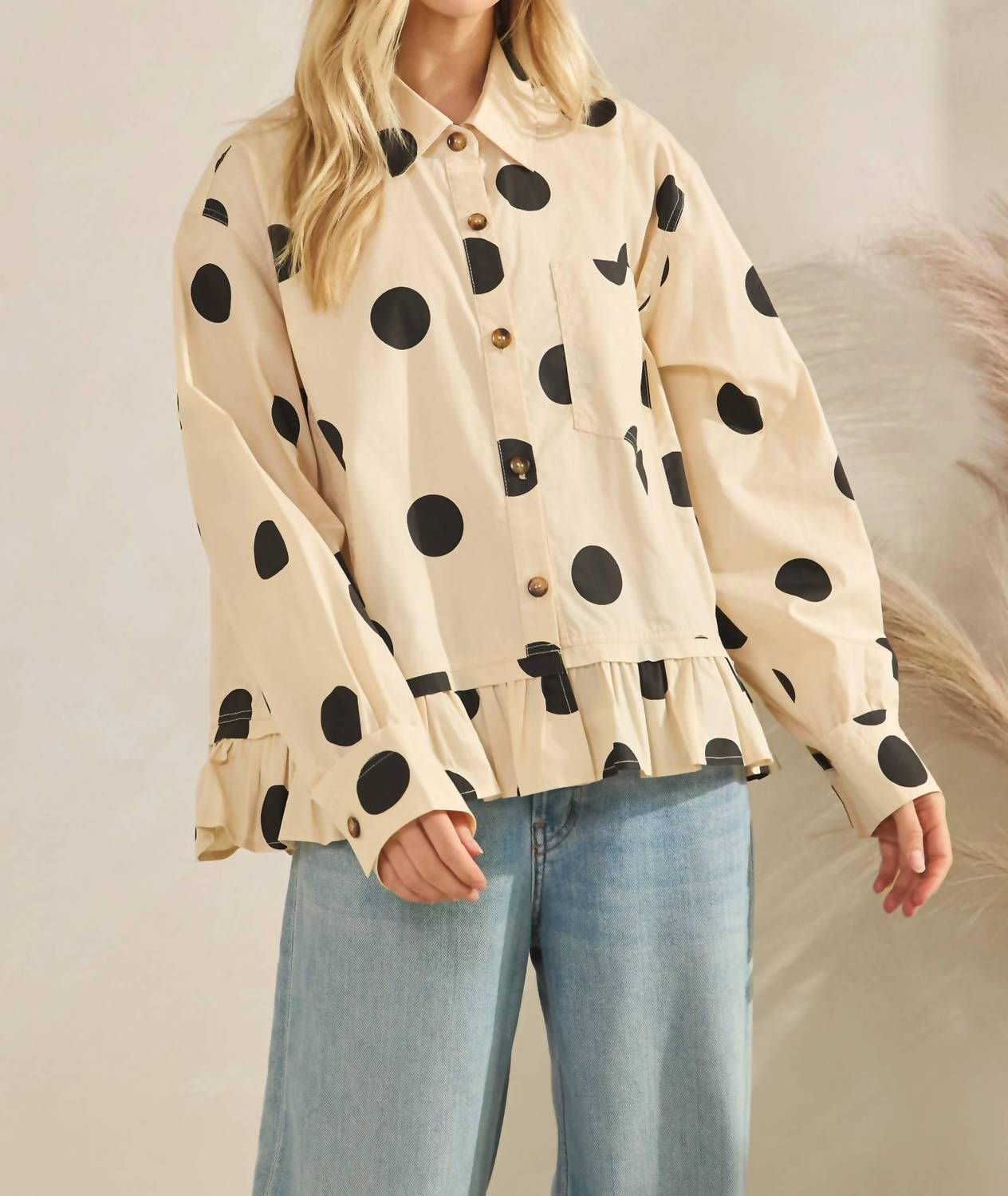 Sewn and Seen Kip Polka Dot Ruffle Hem Top in cream - women's blouse - detail view