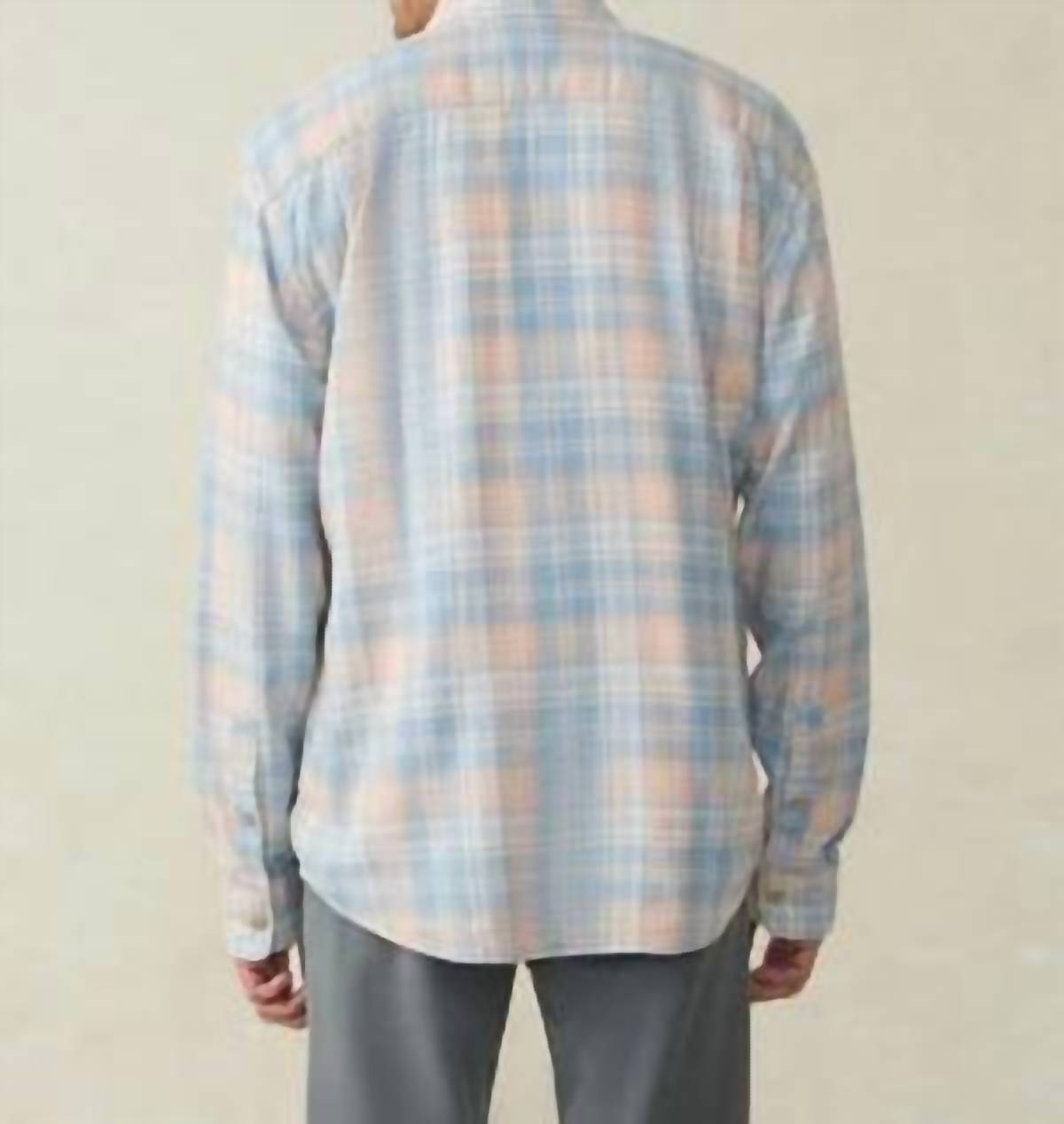 Faherty Long-sleeve Breeze Shirt in coral river plaid - men's long sleeve top - detail view