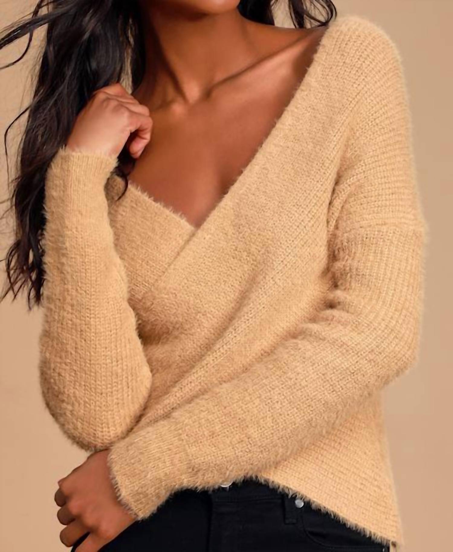 SAGE THE LABEL Marah Eyelash Knit Cross Front Sweater in tan - women's sweater - view 4
