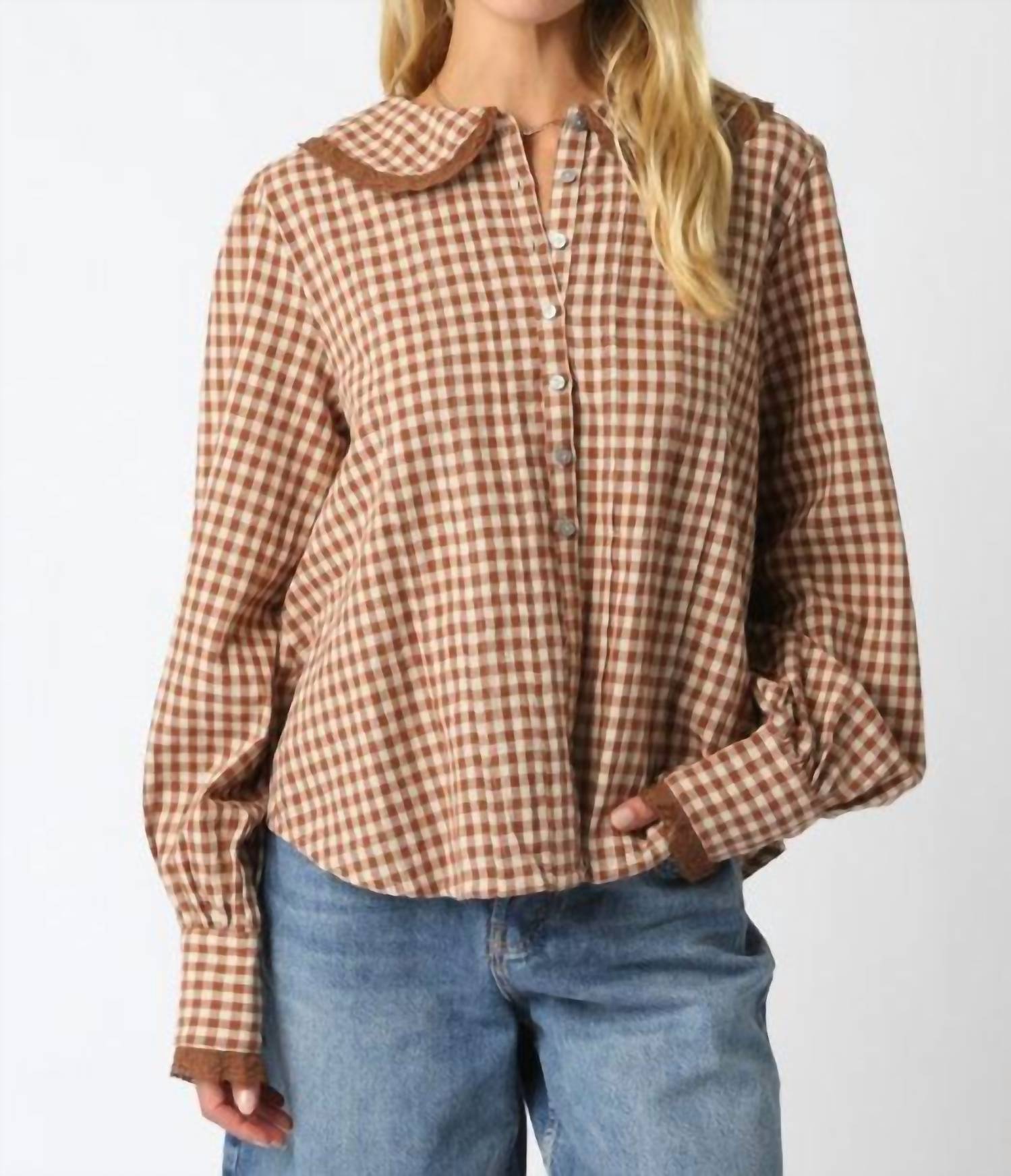 Olivaceous - Lace Trimmed Gingham Button Down Shirt