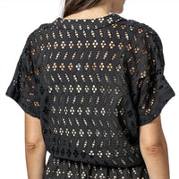Lilla P Women's Eyelet Drawstring Dolman V Neck Blouse in black - women's blouse - detail view