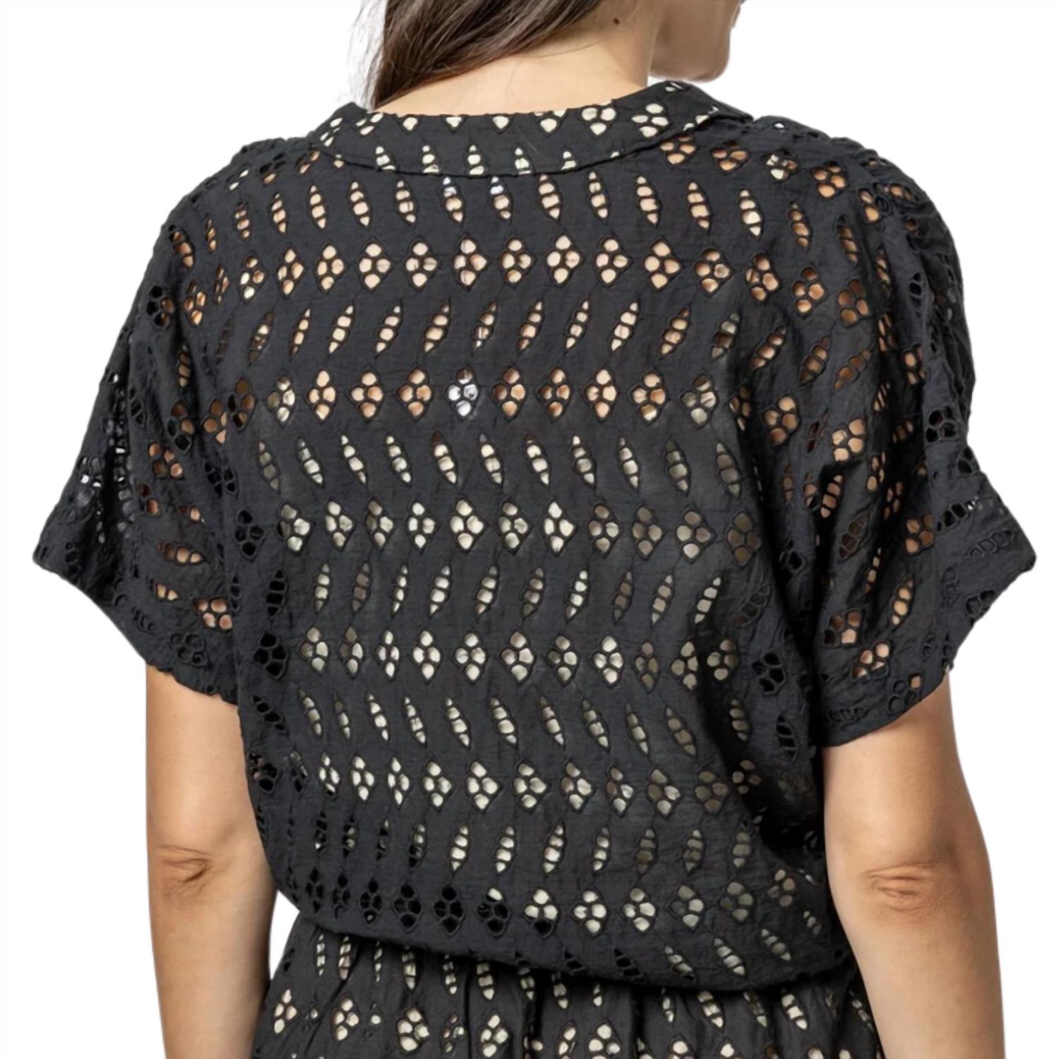 Lilla P Women's Eyelet Drawstring Dolman V Neck Blouse in black - women's blouse - detail view
