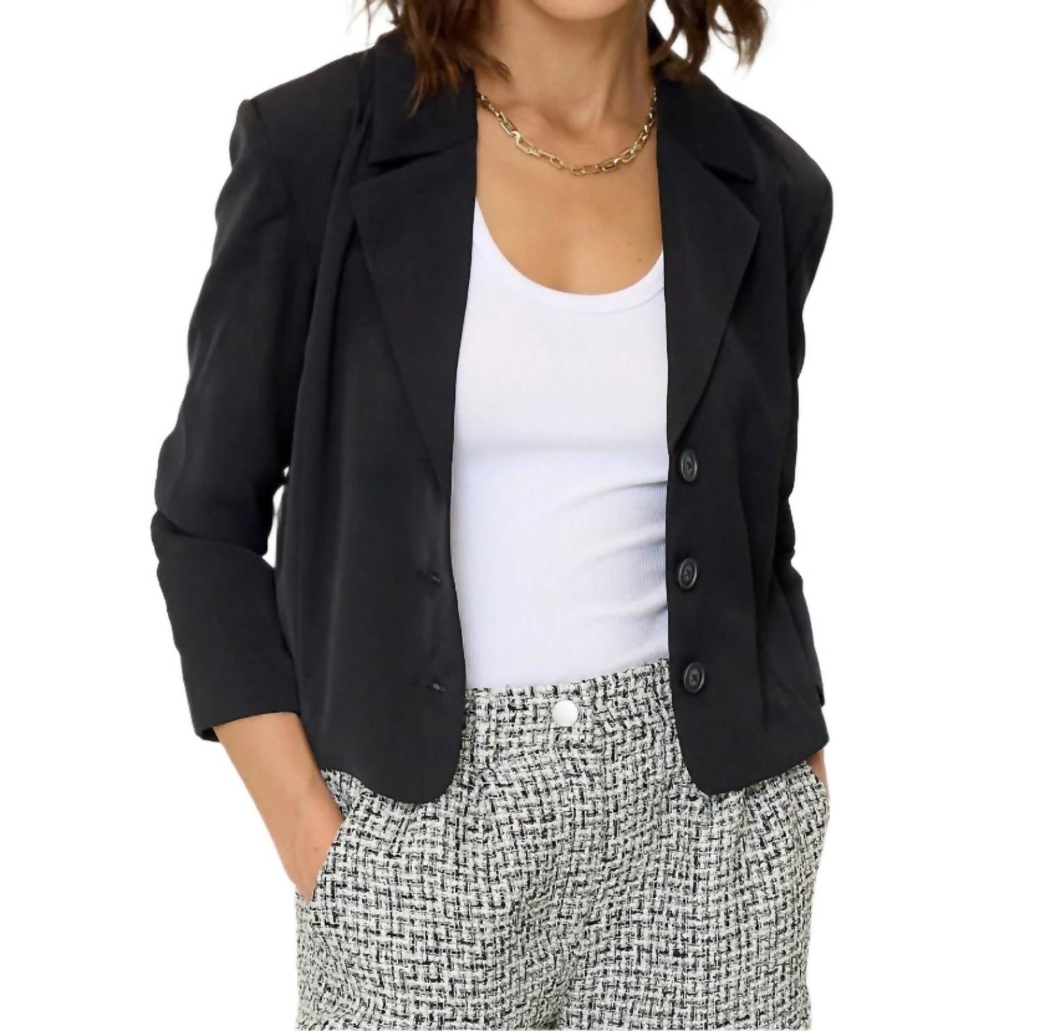 Central Park West Olive Cropped Scrunch Sleeve Blazer in black - women's jacket