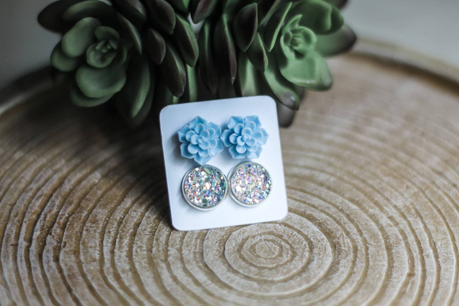 Urban Gemms - Women's Succulent & Druzy Stud Earring Set