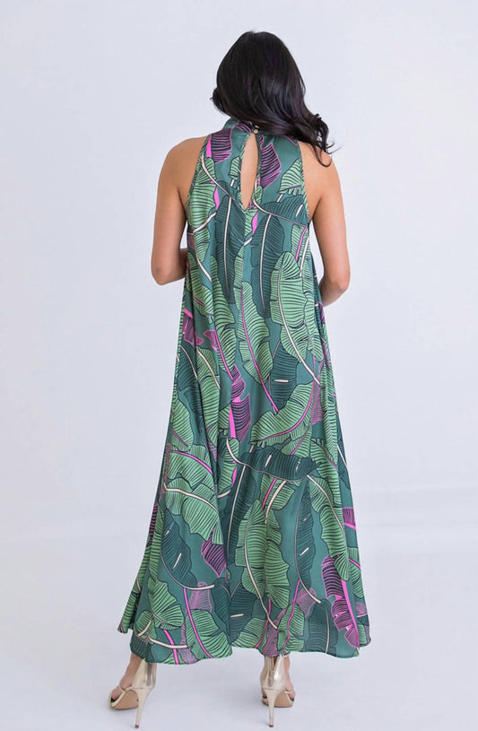 Karlie - LEAF HALTER KEYHOLE MAXI DRESS