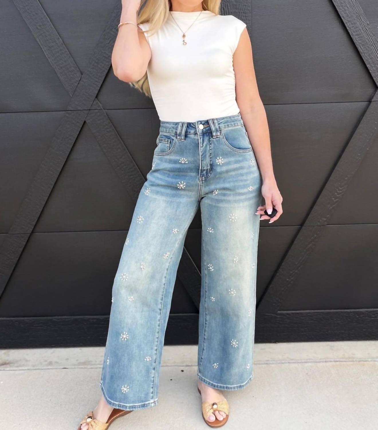 Miou Muse - Washed Denim Jeans With Bead Trim