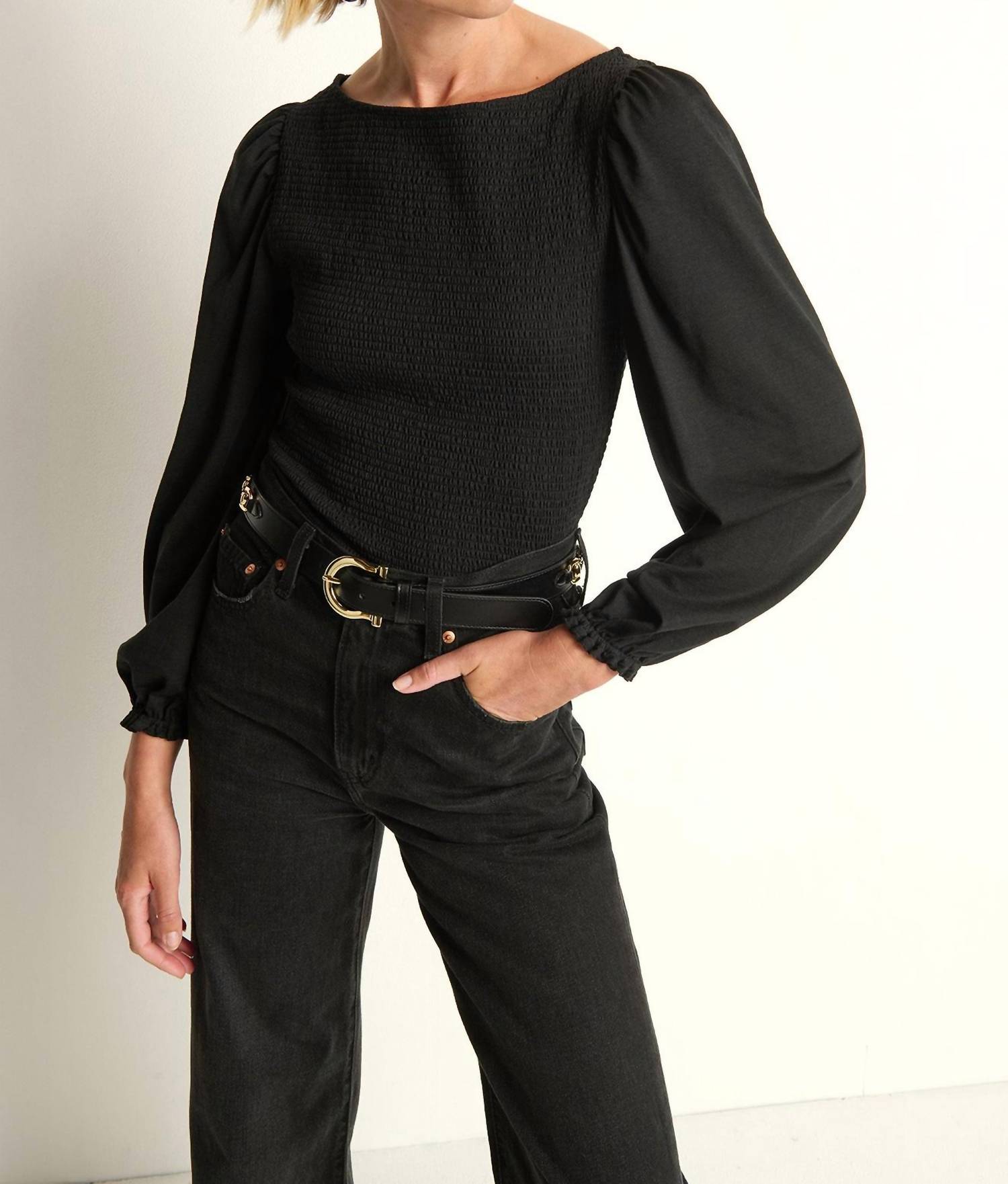 Nation LTD Aidan Smocked Blouse in jet black - women's blouse - detail view
