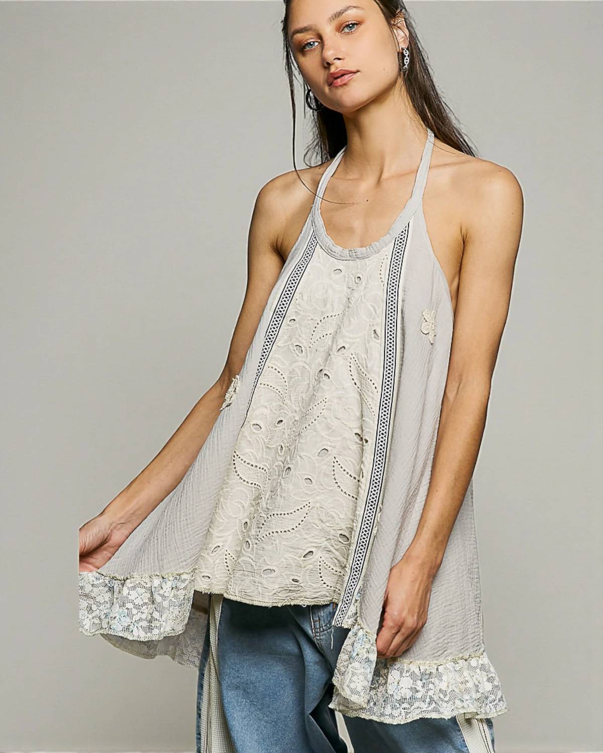 Pol - Halter Double Gauze Lace Top