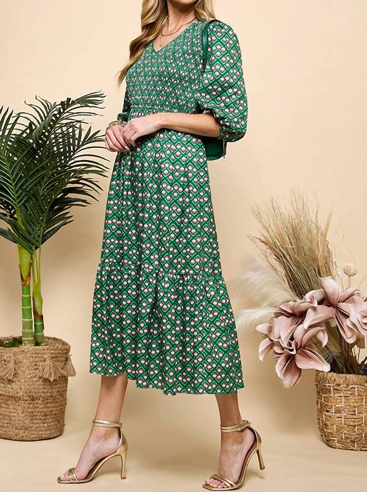 CEZELE Smocked Midi Dress in green - women's dress - view 4
