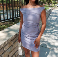 Crescent - Talia Off Shoulder Side Ruched Linen Mini Dress