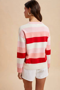 AnnieWear Valentine Color Block Stripe Sweater in pink stripe - women's sweater - alternate view