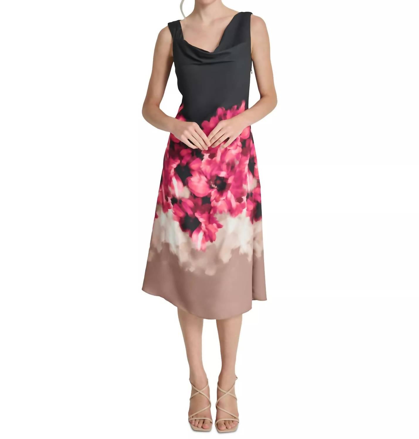 DKNY Women's Floral Asymmetric Cowlneck Midi Dress in black pink - women's dress