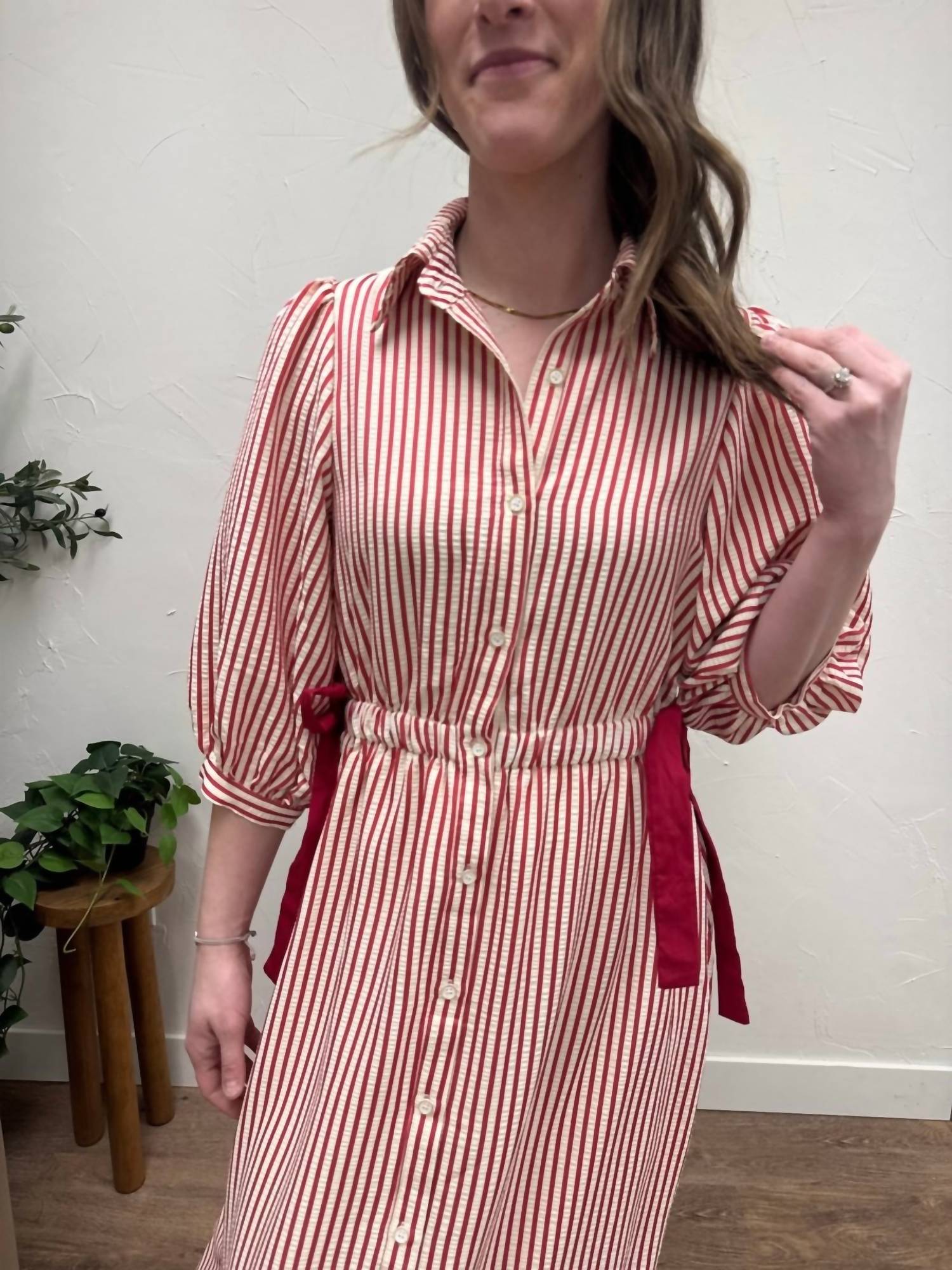 Polagram - Striped Contrast Side Ribbon Midi Dress