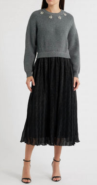 Zoe and Claire Mixed Media Embellished Sweater Dress in heather grey - women's dress