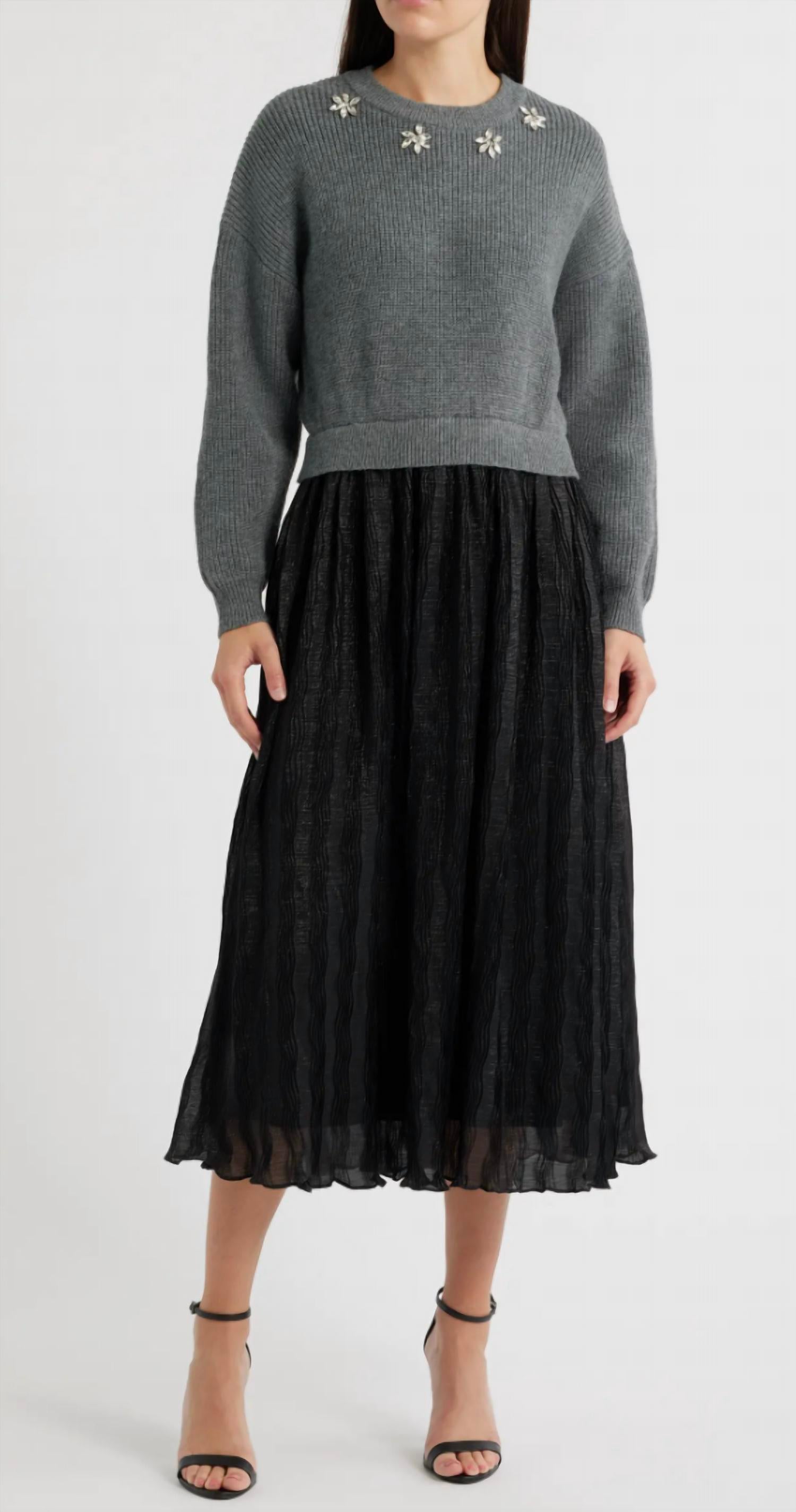 Zoe and Claire Mixed Media Embellished Sweater Dress in heather grey - women's dress